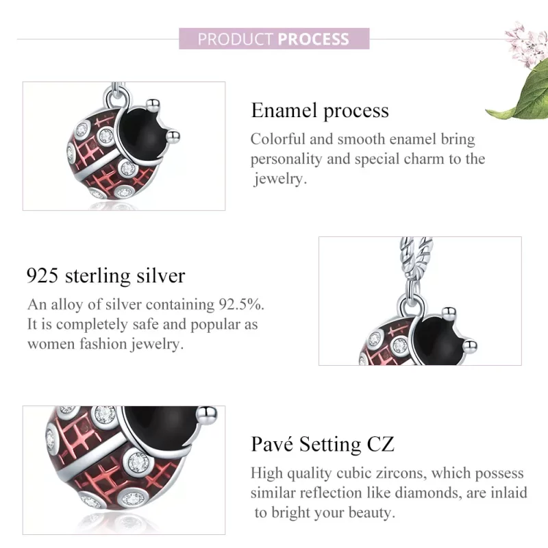 (imagen para) Pendiente de plata estilo Pandora con colgante de mariquita de seis estrellas - - Ver 7