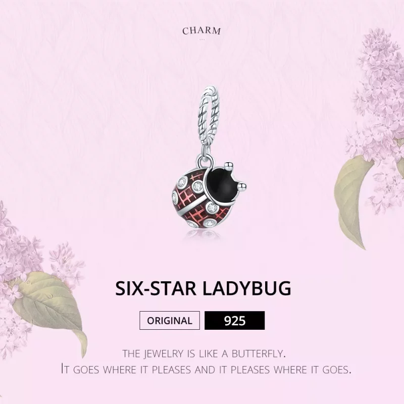 (imagen para) Pendiente de plata estilo Pandora con colgante de mariquita de seis estrellas - - Ver 8