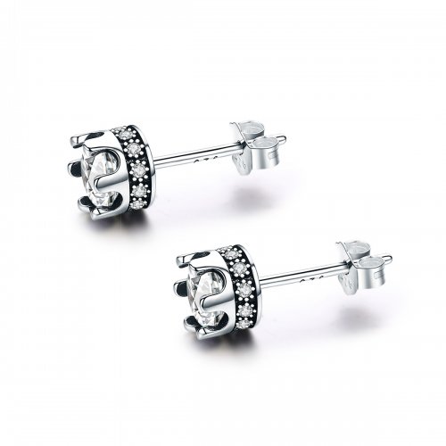 aretes de estudio estilo Pandora plateados con destelde corona - SCE311