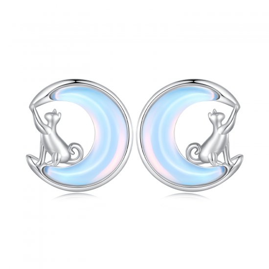 Pendientes de Tuerca Estilo Pandora con Luna y Gato - BSE913 - Haga click en la imagen para cerrar