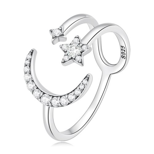 Anillo abierto estilo Pandora con luna y estrellas - BSR305