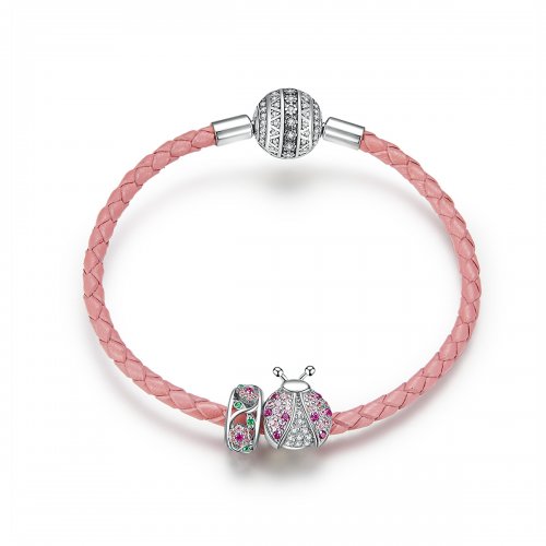 Pulsera de Cuero Estilo Pandora con Mariquita - SCB823
