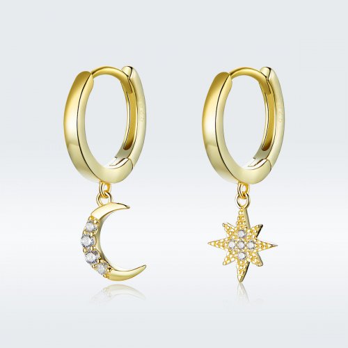 Estilo Pandora Pendientes colgantes Luna y Estrella bañados en oro de 18 quilates - SCE785
