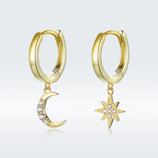 Estilo Pandora Pendientes colgantes Luna y Estrella bañados en oro de 18 quilates - SCE785 - Haga click en la imagen para cerrar