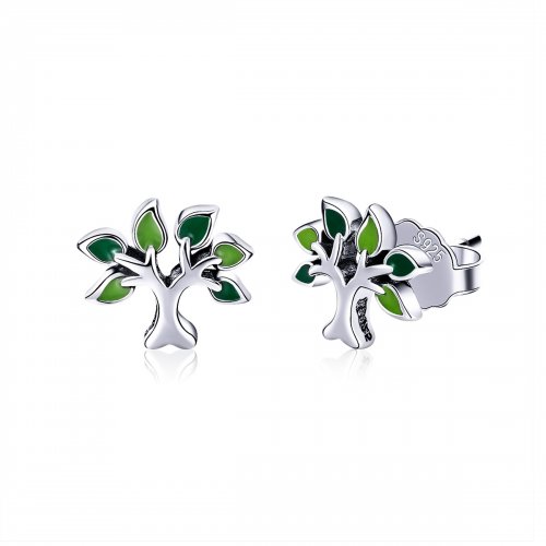 Pendientes de botón de estilo Pandora en plata con diseño de árbol de la vida - SCE409