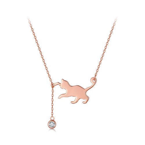 Collar estilo Pandora de oro rosa con colgante de gatito travieso - SCN232-C