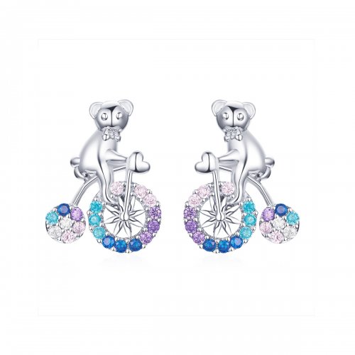 Pendientes de botón estilo Pandora de plata con diseño de oso en biciclet