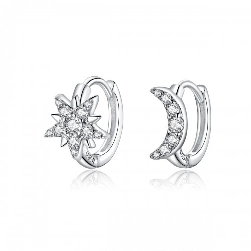 Aros de aro plateados de estilo Pandora con luna y estrella - BSE289