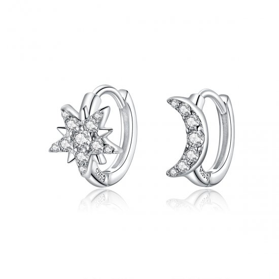 Aros de aro plateados de estilo Pandora con luna y estrella - BSE289 - Haga click en la imagen para cerrar