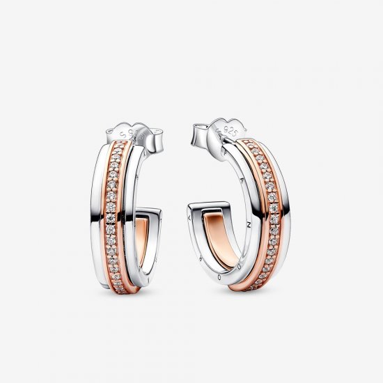 Pendientes de aro con logo y pavé en dos tonos de Pandora Signature - 282737C01 - Haga click en la imagen para cerrar