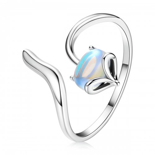 Anillo abierto estilo Pandora con piedra lunar y diseño de zorro - SCR756