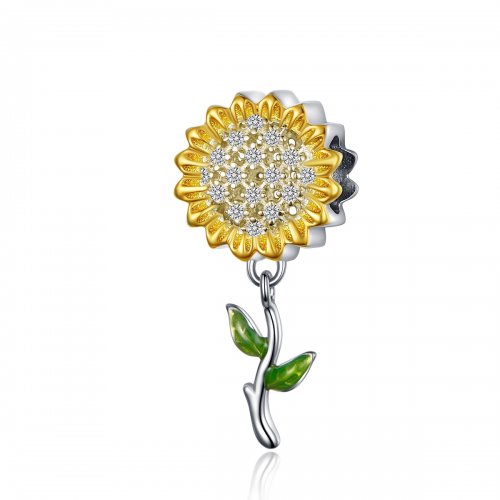 Estilo Pandora, Colgante de Girasol plateado y bañado en oro - SCC1211