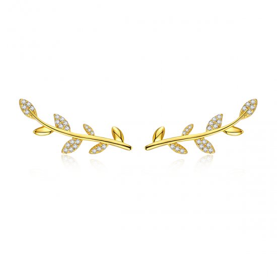 Estilo Pandora Pendientes de Botón Chapados en Oro con Diseño de Ramas y Hojas - SCE556 - Haga click en la imagen para cerrar
