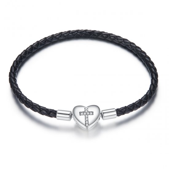 Pulsera de cuero estilo Pandora con cruz de bautizo en plata - SCB205 - Haga click en la imagen para cerrar