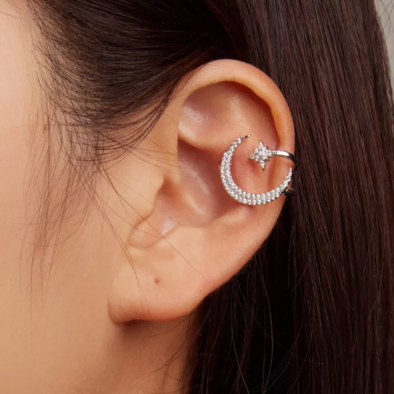 (imagen para) Clip para oreja de estilo Pandora con luna y estrellas - BSE701 - Ver 5