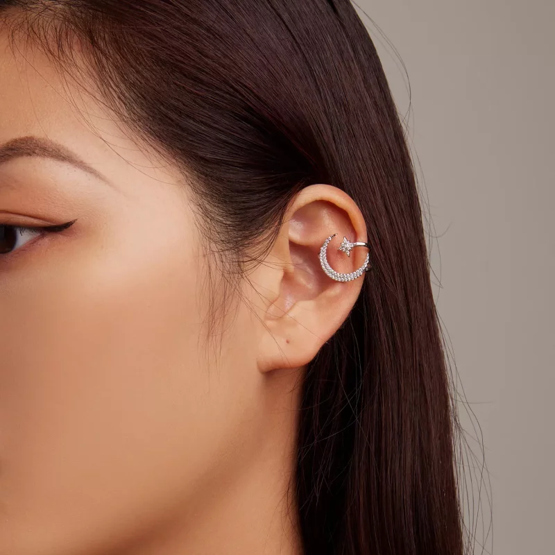 (imagen para) Clip para oreja de estilo Pandora con luna y estrellas - BSE701 - Ver 6