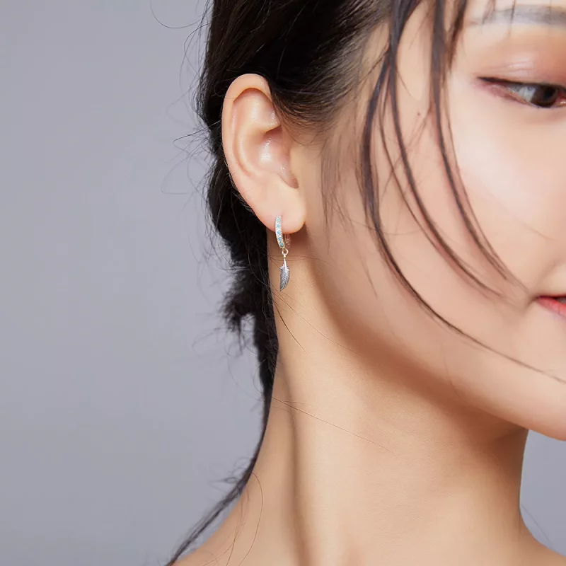 (imagen para) Aretes colgantes de pluma plateada estilo Pandora - SCE898 - Ver 7