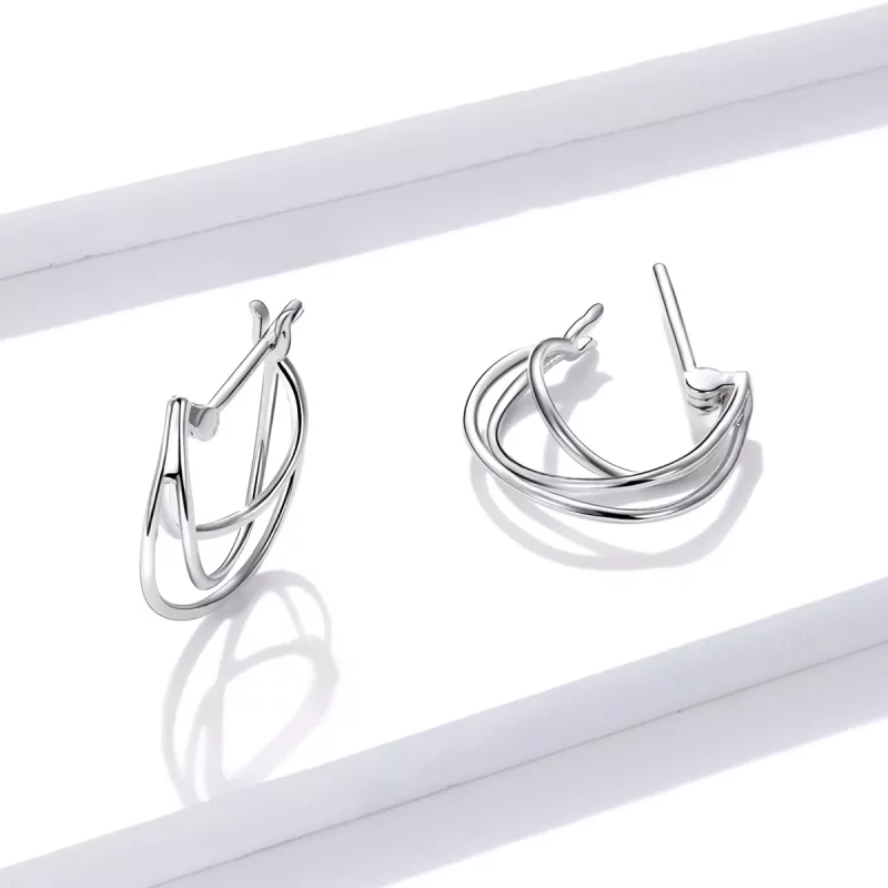 (imagen para) Aretes de argolla estilo Pandora de plata con líneas entrelazadas - BSE443 - Ver 2