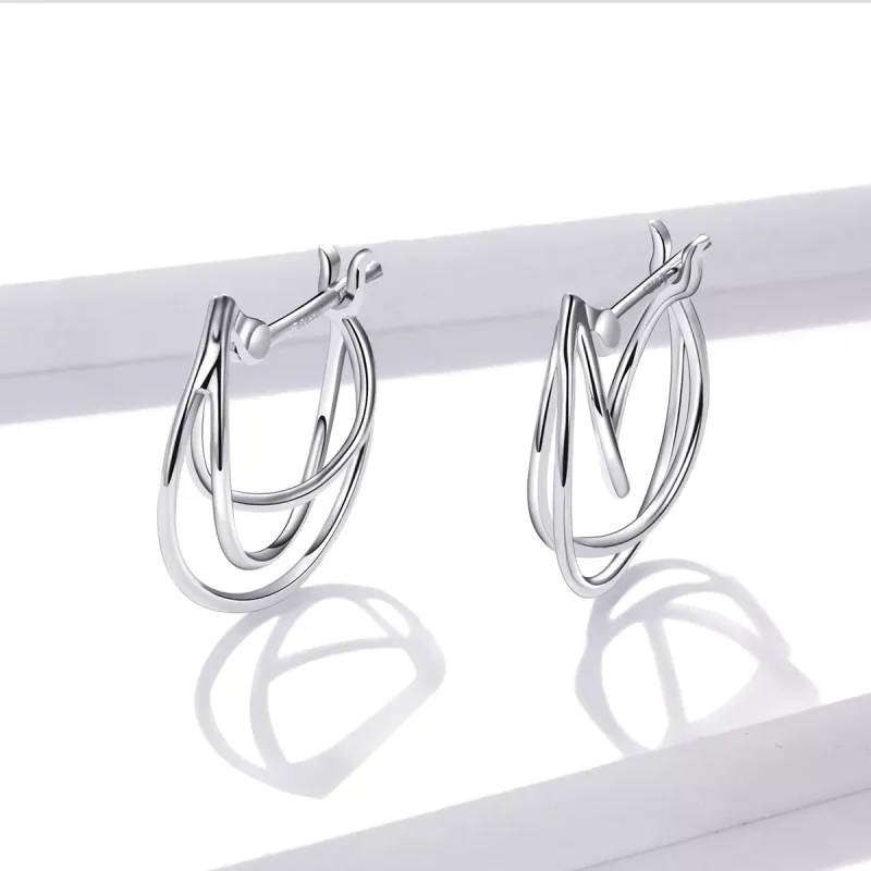 (imagen para) Aretes de argolla estilo Pandora de plata con líneas entrelazadas - BSE443 - Ver 3