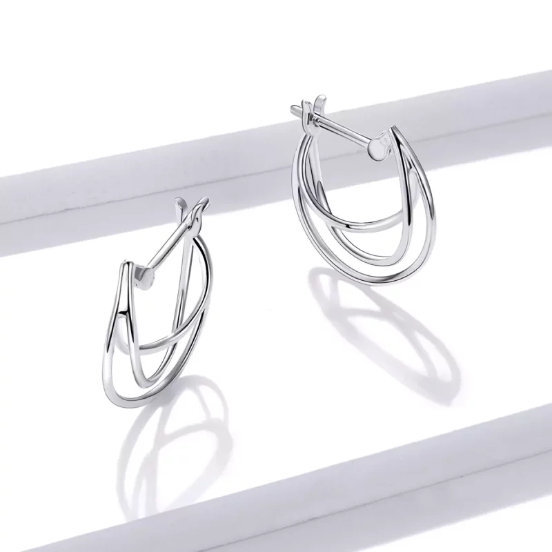 (imagen para) Aretes de argolla estilo Pandora de plata con líneas entrelazadas - BSE443 - Ver 4