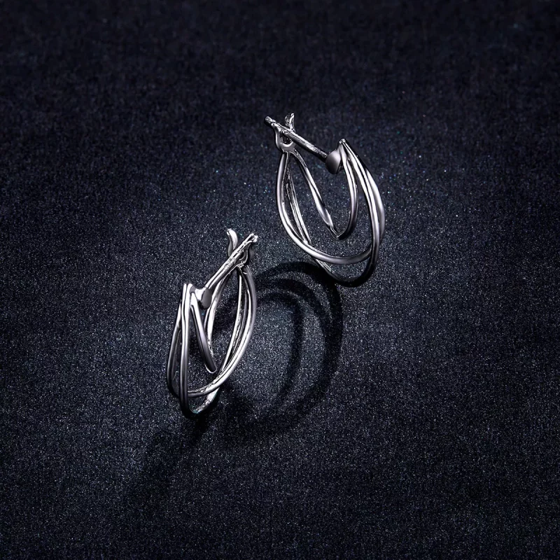 (imagen para) Aretes de argolla estilo Pandora de plata con líneas entrelazadas - BSE443 - Ver 5
