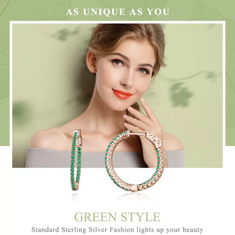 (imagen para) Aretes de argolla estilo Pandora en color oro rosa con circonitas verdes - SCE51 - Ver 2