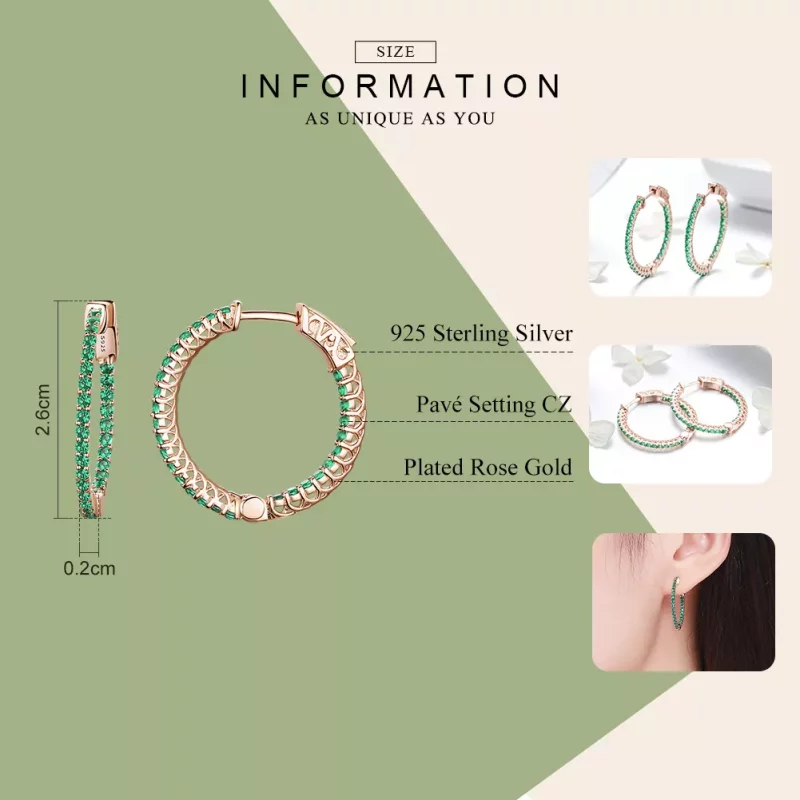 (imagen para) Aretes de argolla estilo Pandora en color oro rosa con circonitas verdes - SCE51 - Ver 3