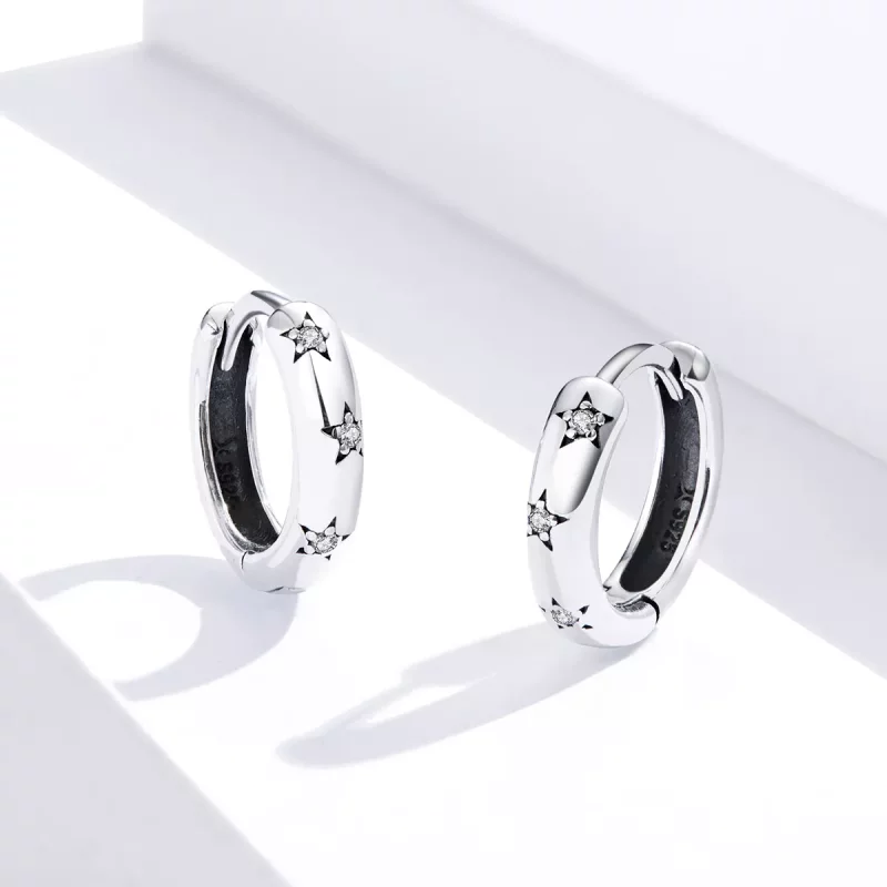 (imagen para) Aretes de argolla estilo Pandora en plata con estrellas anti-alergia - SCE873 - Ver 4