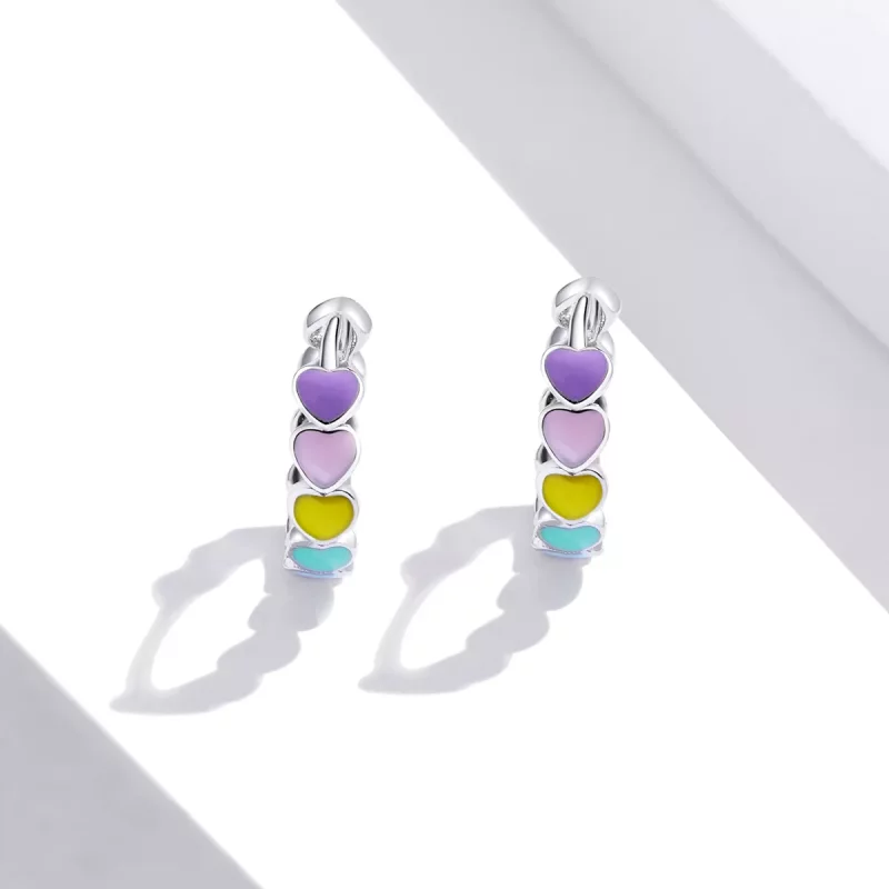 (imagen para) Aretes de argollas estilo Pandora con corazones arcoíris de plata - SCE909 - Ver 4