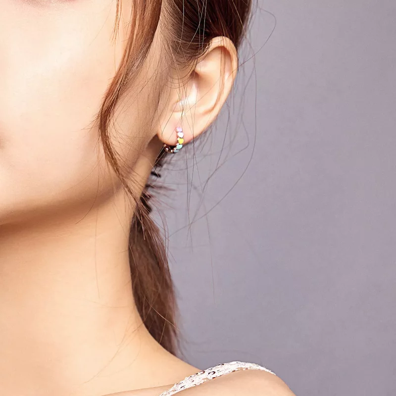 (imagen para) Aretes de argollas estilo Pandora con corazones arcoíris de plata - SCE909 - Ver 7