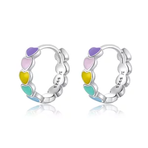 (imagen para) Aretes de argollas estilo Pandora con corazones arcoíris de plata - SCE909