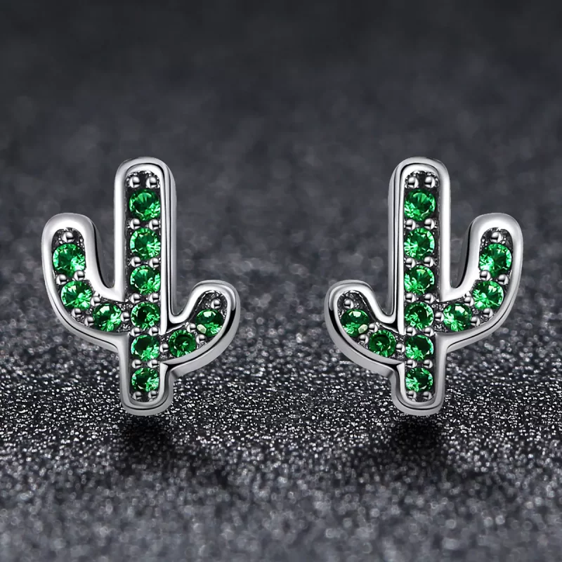 (imagen para) aretes de botón de cactus fresco plateados con estilo Pandora - SCE097 - Ver 3