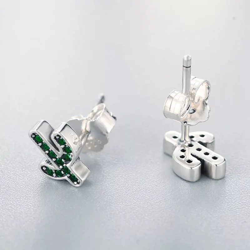 (imagen para) aretes de botón de cactus fresco plateados con estilo Pandora - SCE097 - Ver 4
