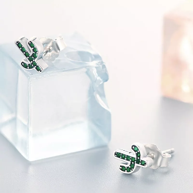 (imagen para) aretes de botón de cactus fresco plateados con estilo Pandora - SCE097 - Ver 5