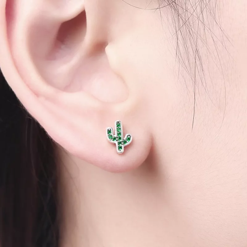 (imagen para) aretes de botón de cactus fresco plateados con estilo Pandora - SCE097 - Ver 6
