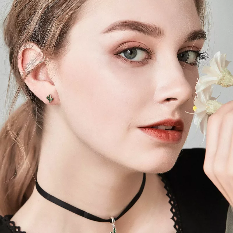 (imagen para) aretes de botón de cactus fresco plateados con estilo Pandora - SCE097 - Ver 7