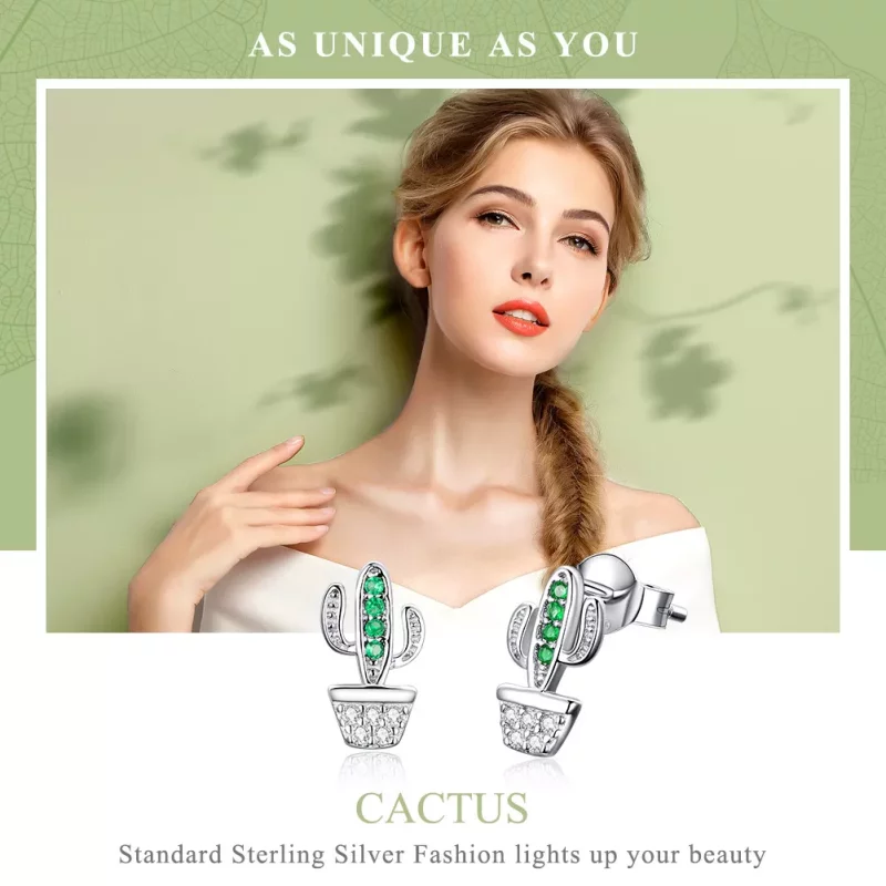 (imagen para) aretes de botón estilo Pandora de cactus plateados - SCE522 - Ver 2