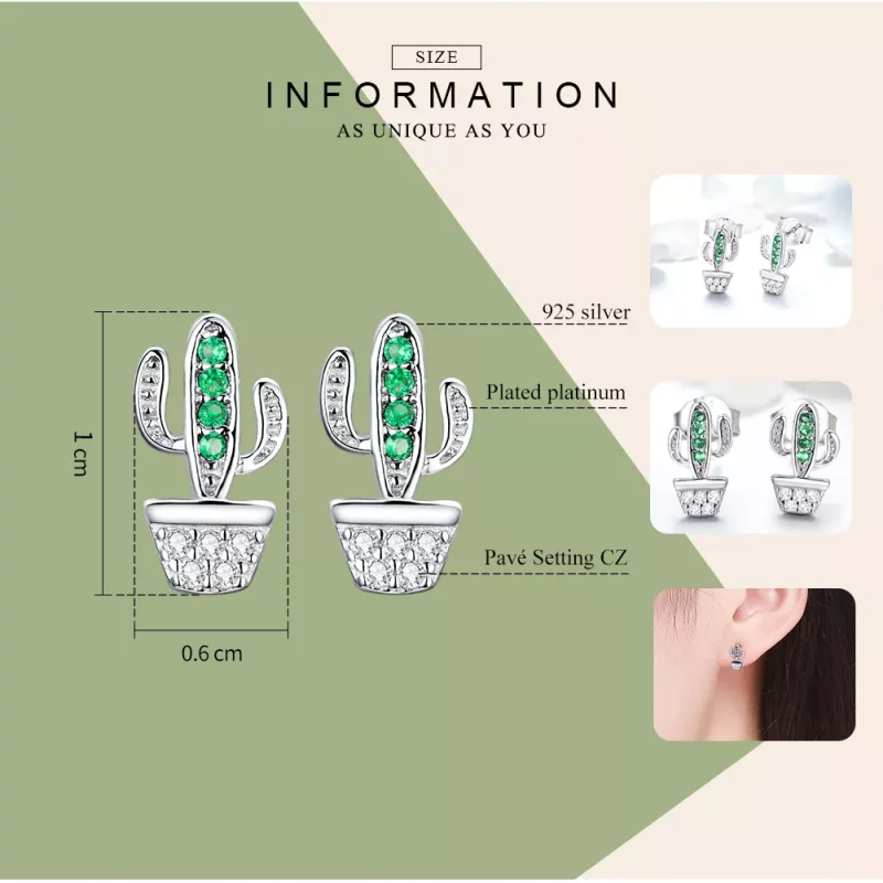 (imagen para) aretes de botón estilo Pandora de cactus plateados - SCE522 - Ver 3