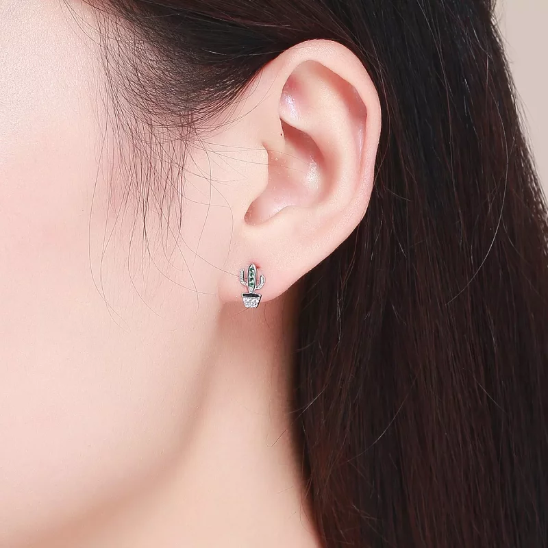 (imagen para) aretes de botón estilo Pandora de cactus plateados - SCE522 - Ver 4