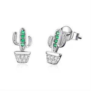 aretes de botón estilo Pandora de cactus plateados - SCE522 (imagen para) aretes de botón estilo Pandora de cactus plateados - SCE522
