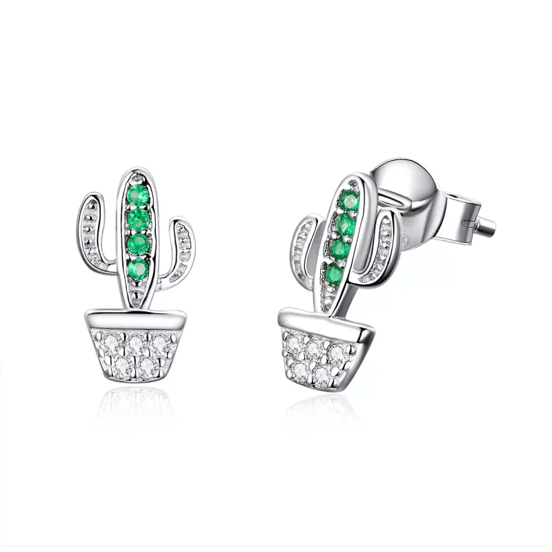 (imagen para) aretes de botón estilo Pandora de cactus plateados - SCE522