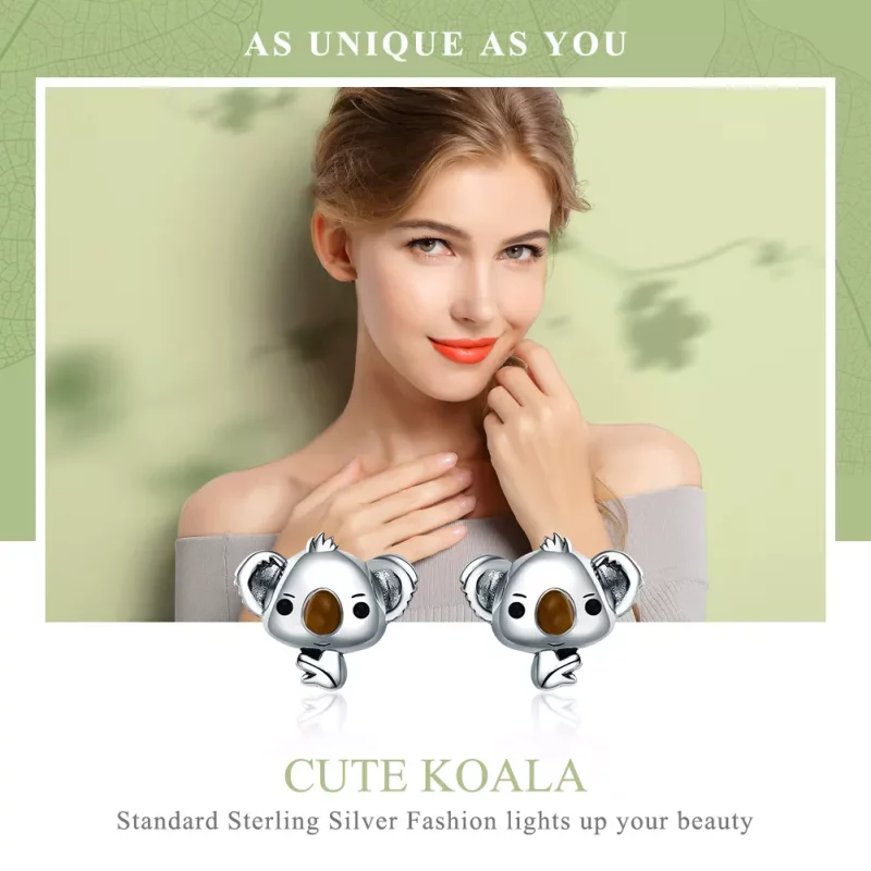 (imagen para) Aretes de botón estilo Pandora de plata presentan unos adorables koalas - SCE381 - Ver 2
