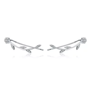(imagen para) Aretes de botón estilo Pandora están hechos de plata y tienen un diseño de hojas brillantes - SCE266