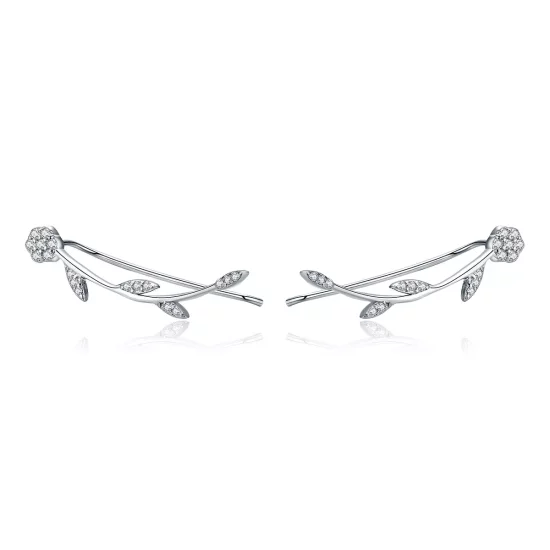 (imagen para) Aretes de botón estilo Pandora están hechos de plata y tienen un diseño de hojas brillantes - SCE266