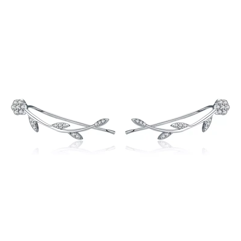 (imagen para) Aretes de botón estilo Pandora están hechos de plata y tienen un diseño de hojas brillantes - SCE266