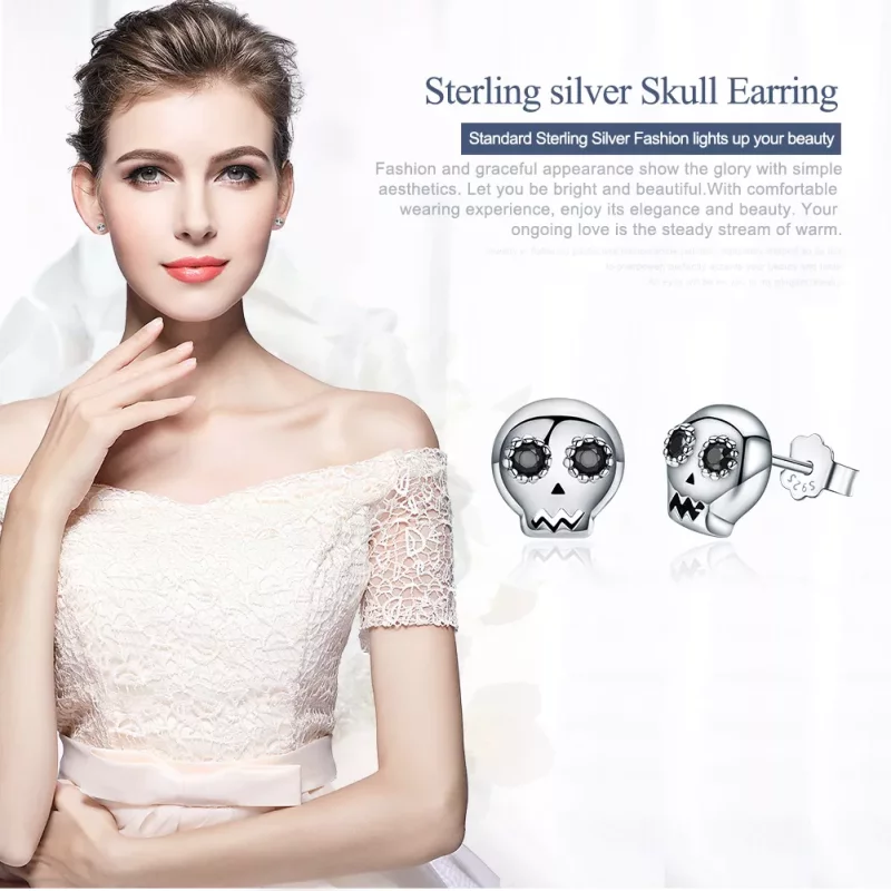 (imagen para) Aretes de calavera plateados al estilo Pandora - SCE064 - Ver 2