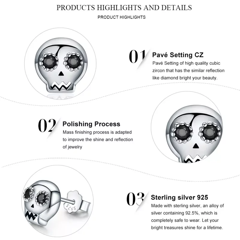 (imagen para) Aretes de calavera plateados al estilo Pandora - SCE064 - Ver 7