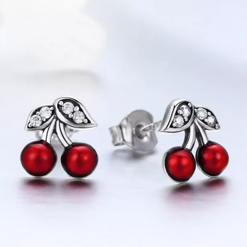 (imagen para) Aretes de cereza de verano plateados estilo Pandora - SCE404 - Ver 2