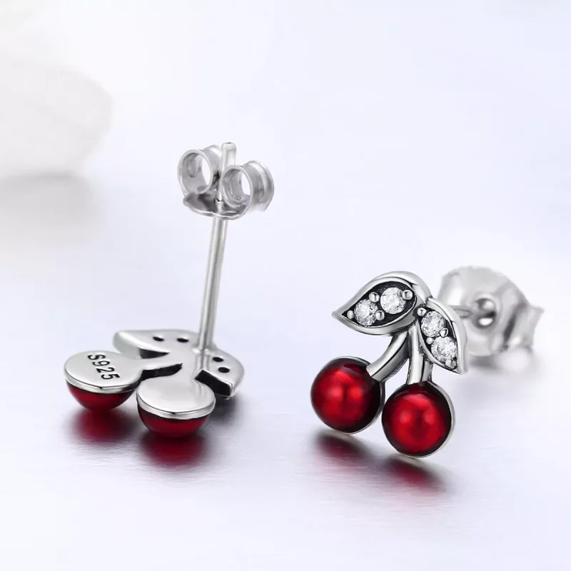 (imagen para) Aretes de cereza de verano plateados estilo Pandora - SCE404 - Ver 3