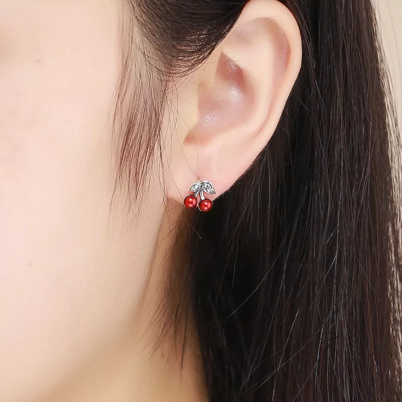 (imagen para) Aretes de cereza de verano plateados estilo Pandora - SCE404 - Ver 4